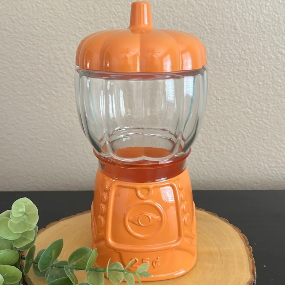 NWT Target Bullseye Halloween Orange Glass Pumpkin Gumball Machine Canister